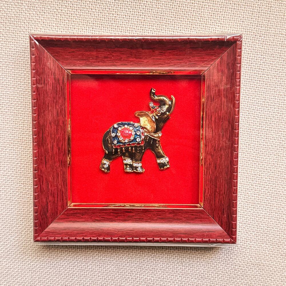 Gilded Elephant in Red Lacquer Frame, Jeweled Folk Shadow Box